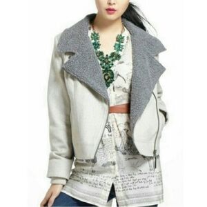 Anthropologie cartonnier wool and sherpa moto style white zip up jacket